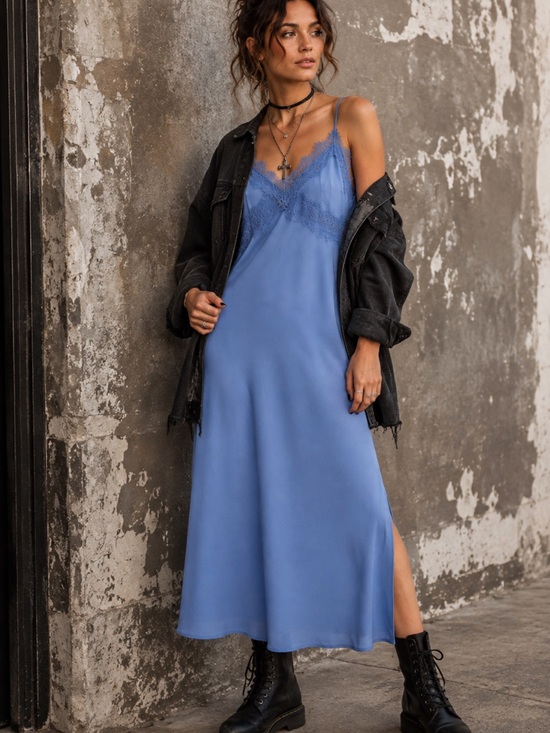 LOFT Dresses & Skirts - LOFT Lace Trim Midi Slip Dress Precious Sapphire Blue NWT